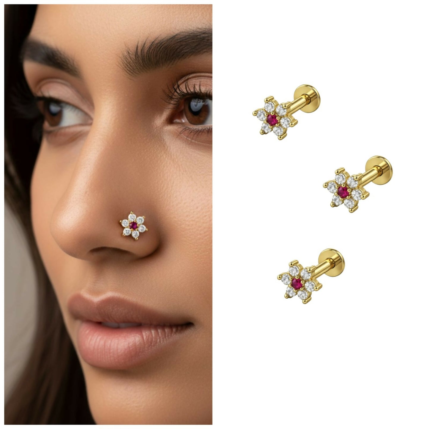 Set of three gold plated nosepin studs featuring floral ruby red crystal centers