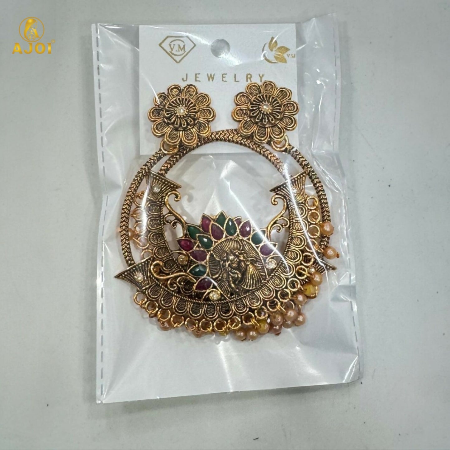 Radha Krishna Central Goddess Chandbali Earrings