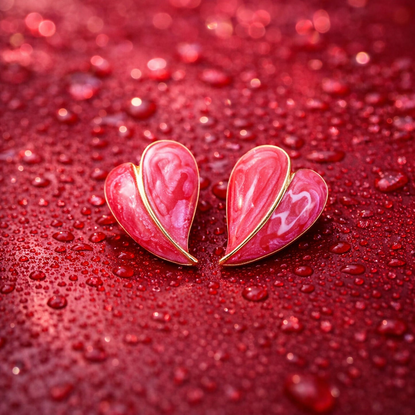 Side view of red leaf stud earrings with gold outline