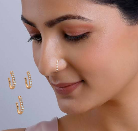 Rose Gold Plated CZ Stone Adjustable Nose Ring Set of 3