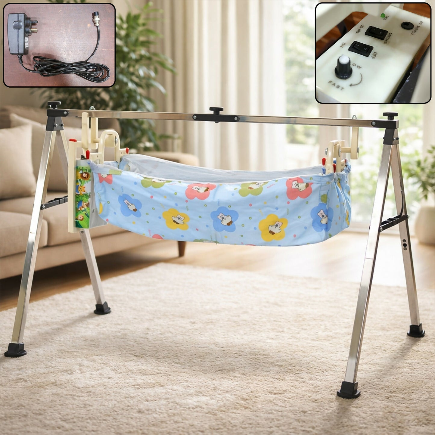 Electric baby cradle swing with adjustable speed control and foldable stand, comfortable for infants.