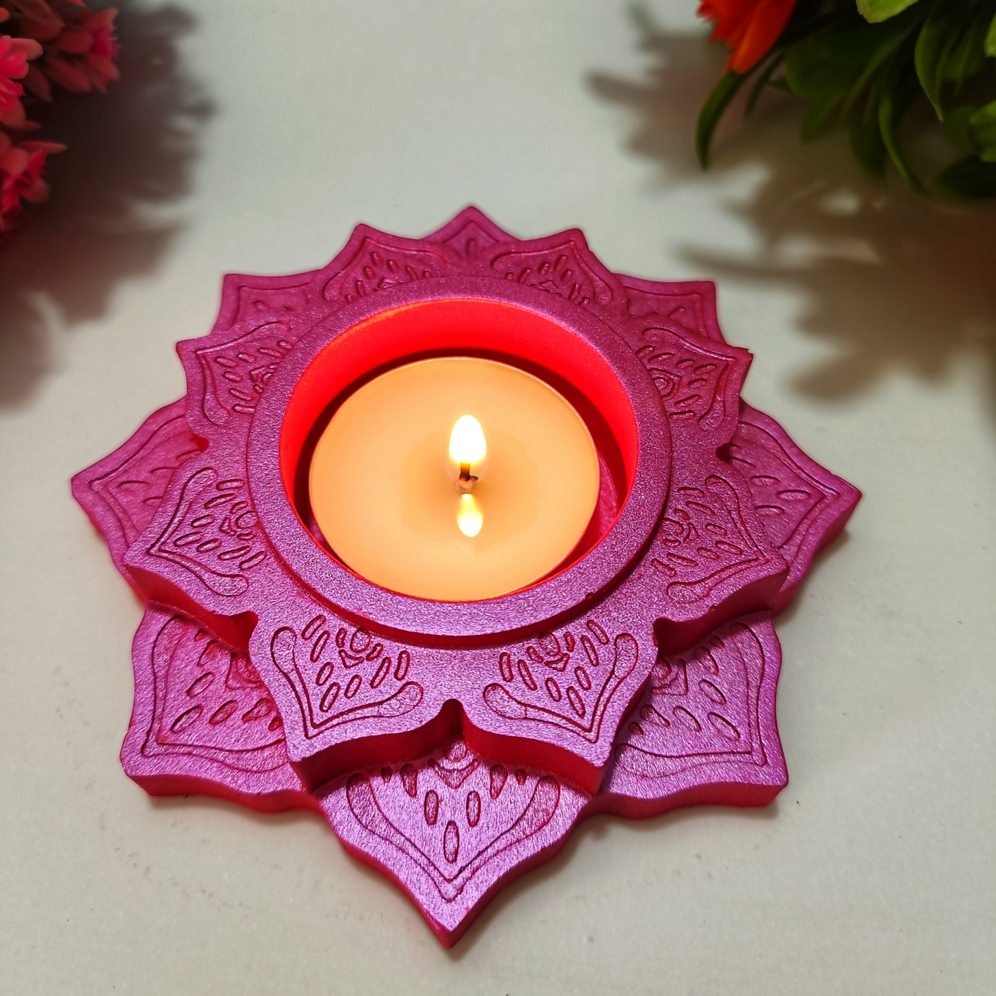 Handmade Lotus Diya – Metallic Pink Tealight Holder | Traditional Candle Holder for Diwali, Pooja, Meditation & Home Décor | Festival Gift Item