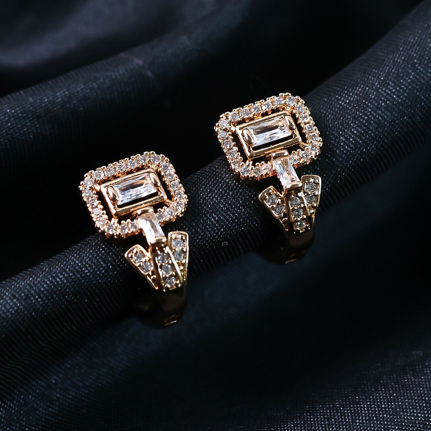 Elegant Square Crystal Stud Earrings – Gold-Plated Designer Jewelry for Women