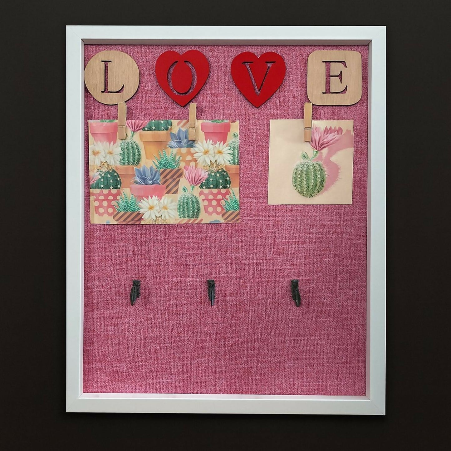Decorative Wooden Wall Hanging Key Holder with 3 Hooks, Love Lettering & Cactus Print – Stylish Wall Organizer for Home, Bedroom & Living Room – Modern Wall Décor Key Hanger Frame (Pink, White Frame)