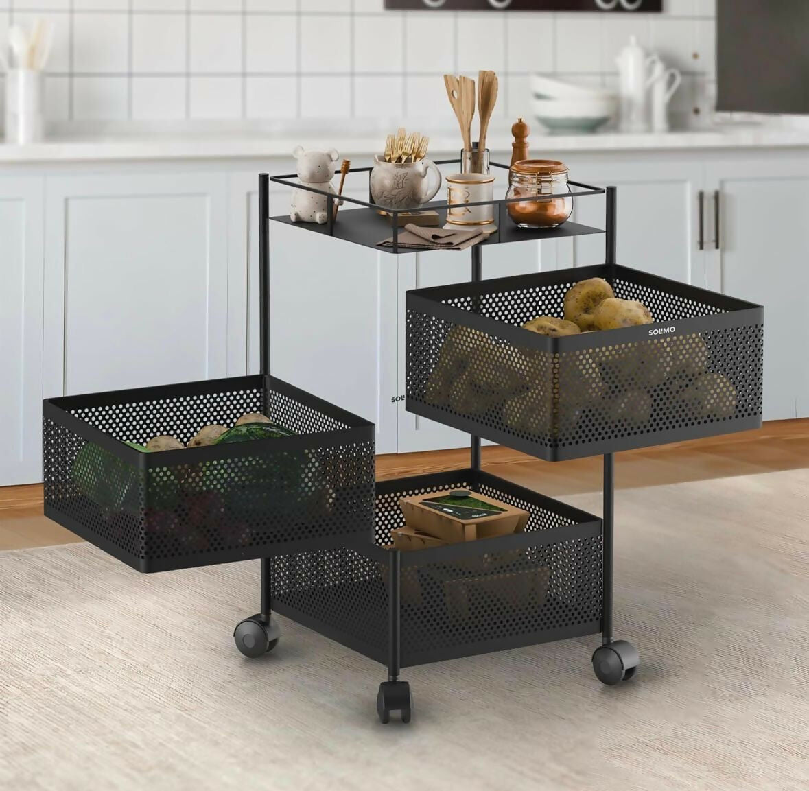 Close-up of stainless steel ventilated baskets on the kitchen trolley