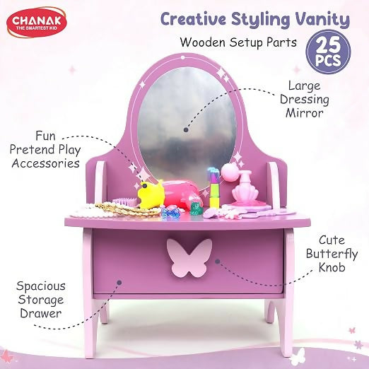A purple and pink wooden vanity with a butterfly knob, highlighting its features like a large mirror and storage drawer.
