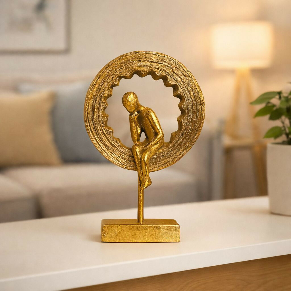 Modern circular abstract thinking man sculpture side view