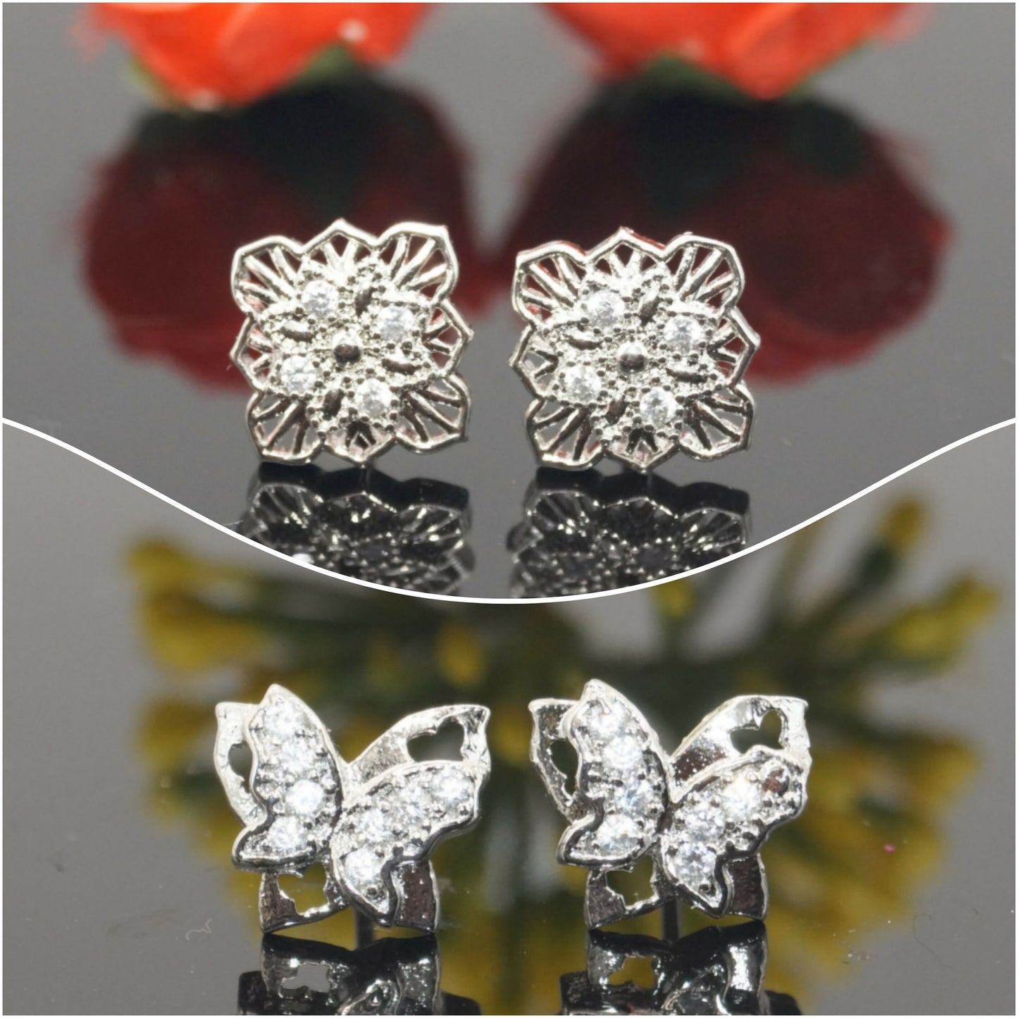 Combo pack of zircon stud earrings with square filigree design and butterfly studs in silver-tone