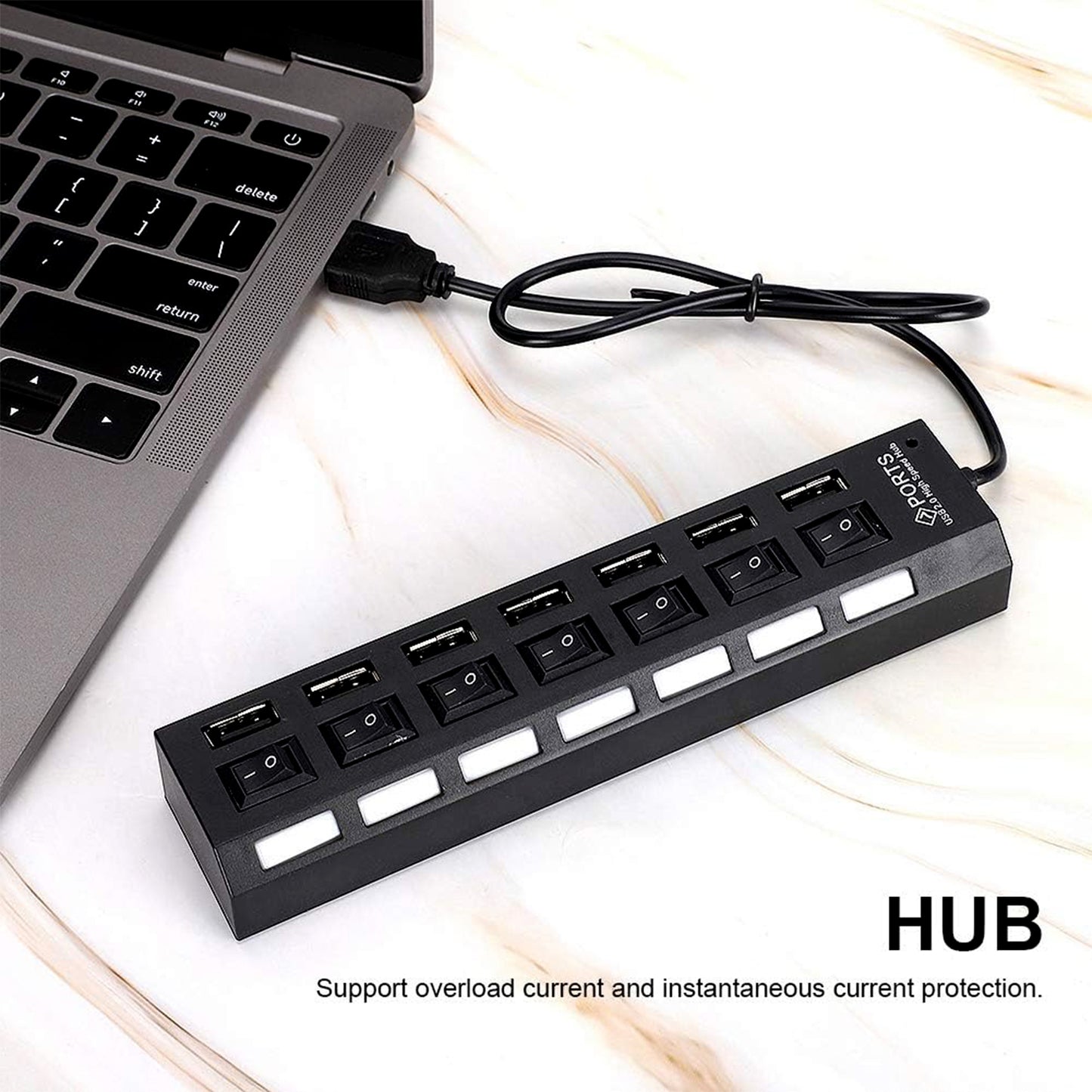 USB Splitter Multi Port USB 2.0 Hub, 7 Port with Independent On/Off Switch and LED Indicators USB A Port Data Hub, Suitable for PC Computer Keyboard Laptop Mobile HDD, Flash Drive Etc