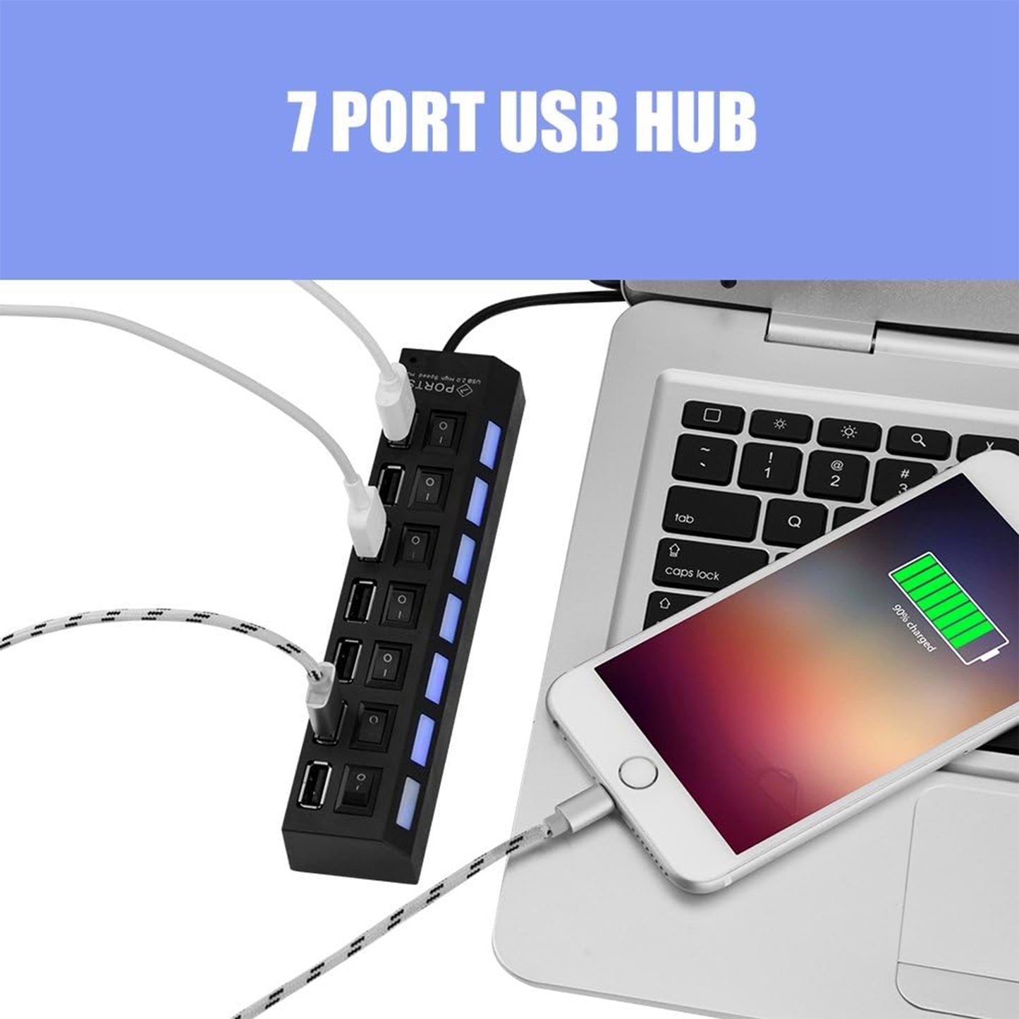USB Splitter Multi Port USB 2.0 Hub, 7 Port with Independent On/Off Switch and LED Indicators USB A Port Data Hub, Suitable for PC Computer Keyboard Laptop Mobile HDD, Flash Drive Etc