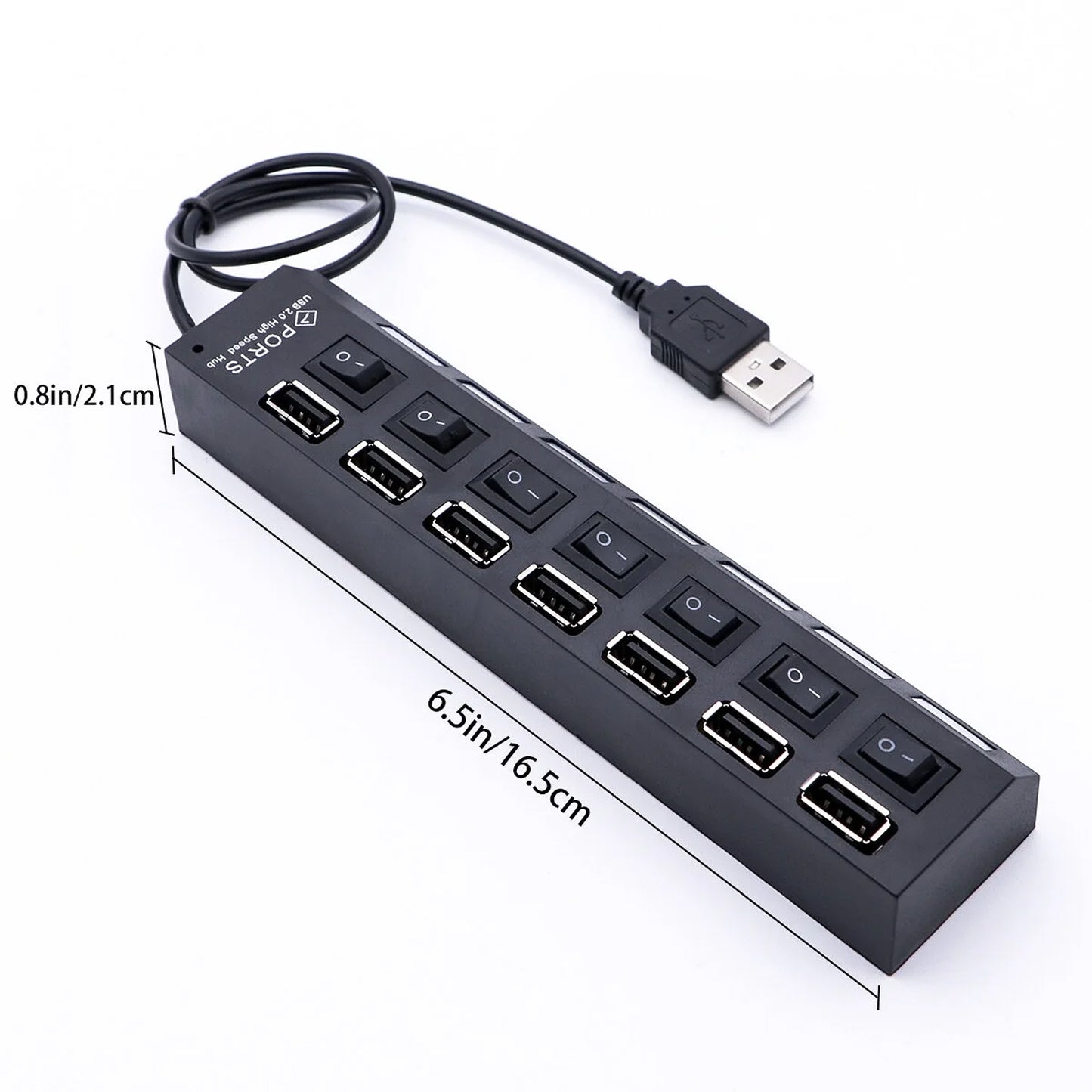USB Splitter Multi Port USB 2.0 Hub, 7 Port with Independent On/Off Switch and LED Indicators USB A Port Data Hub, Suitable for PC Computer Keyboard Laptop Mobile HDD, Flash Drive Etc