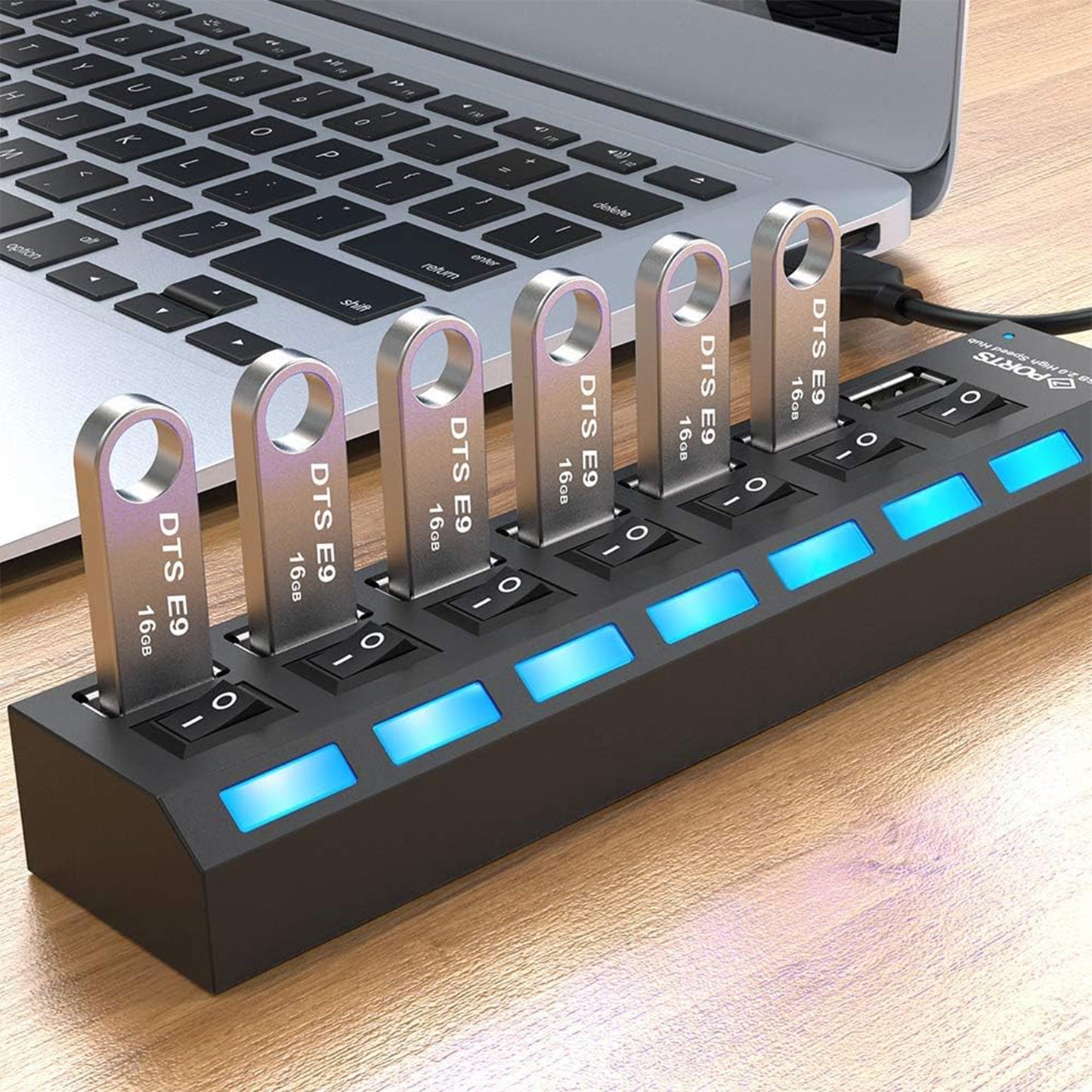 USB Splitter Multi Port USB 2.0 Hub, 7 Port with Independent On/Off Switch and LED Indicators USB A Port Data Hub, Suitable for PC Computer Keyboard Laptop Mobile HDD, Flash Drive Etc