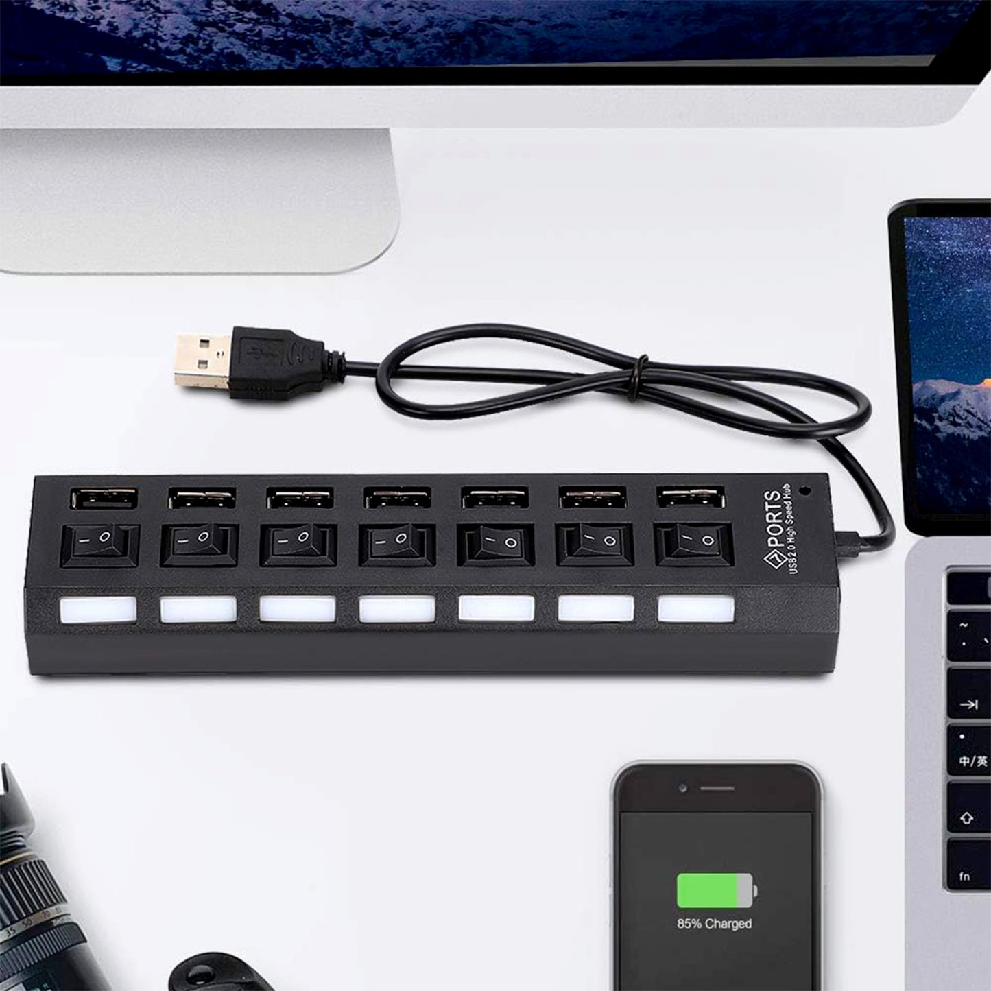 USB Splitter Multi Port USB 2.0 Hub, 7 Port with Independent On/Off Switch and LED Indicators USB A Port Data Hub, Suitable for PC Computer Keyboard Laptop Mobile HDD, Flash Drive Etc