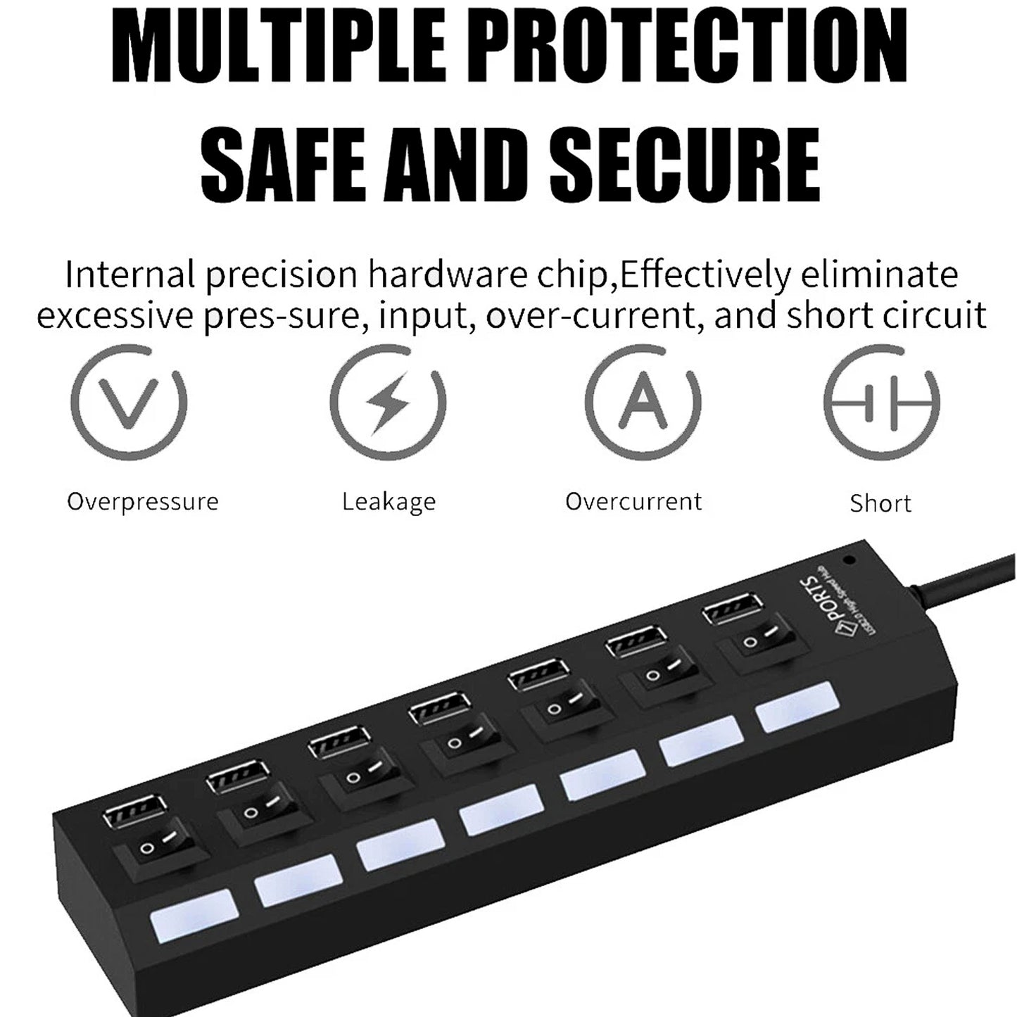 USB Splitter Multi Port USB 2.0 Hub, 7 Port with Independent On/Off Switch and LED Indicators USB A Port Data Hub, Suitable for PC Computer Keyboard Laptop Mobile HDD, Flash Drive Etc