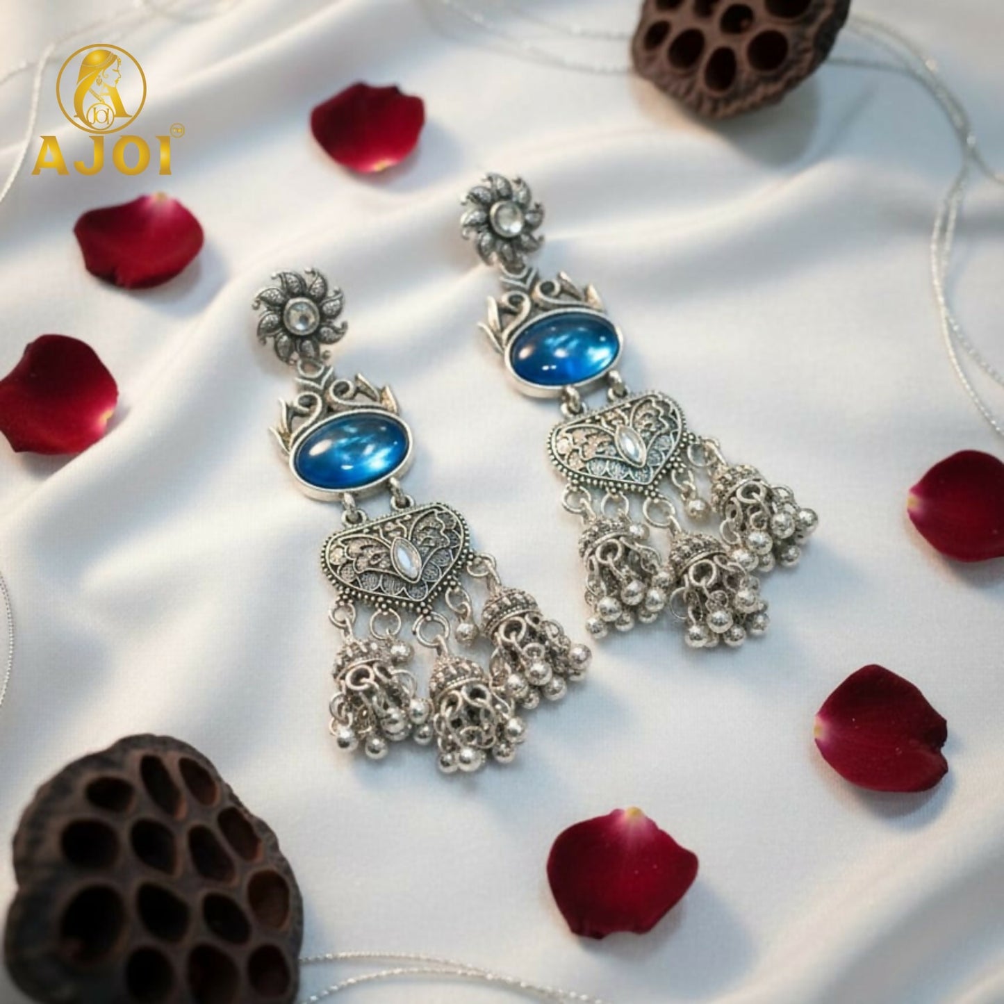 Handcrafted Oxidized Silver Turquoise Stone Jhumka Earrings with Intricate Filigree Work and Multi-Drop Danglers