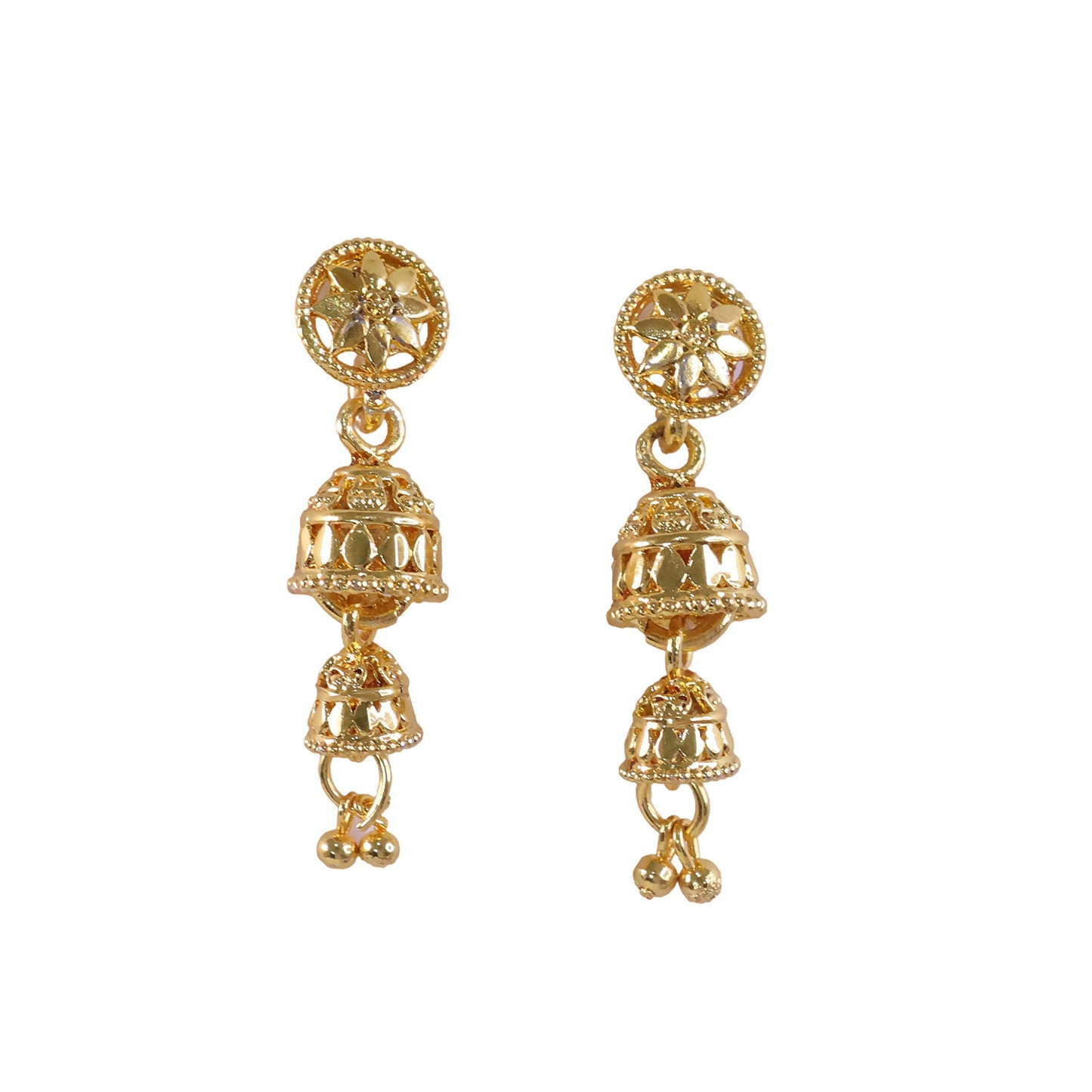 Detailed view of layered floral jhumka earrings in gold finish