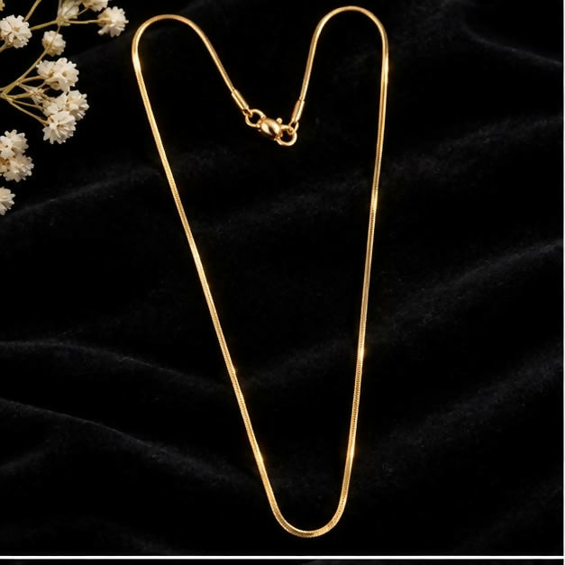 A delicate gold-tone snake chain necklace with a lobster clasp closure is displayed on a dark velvet surface.