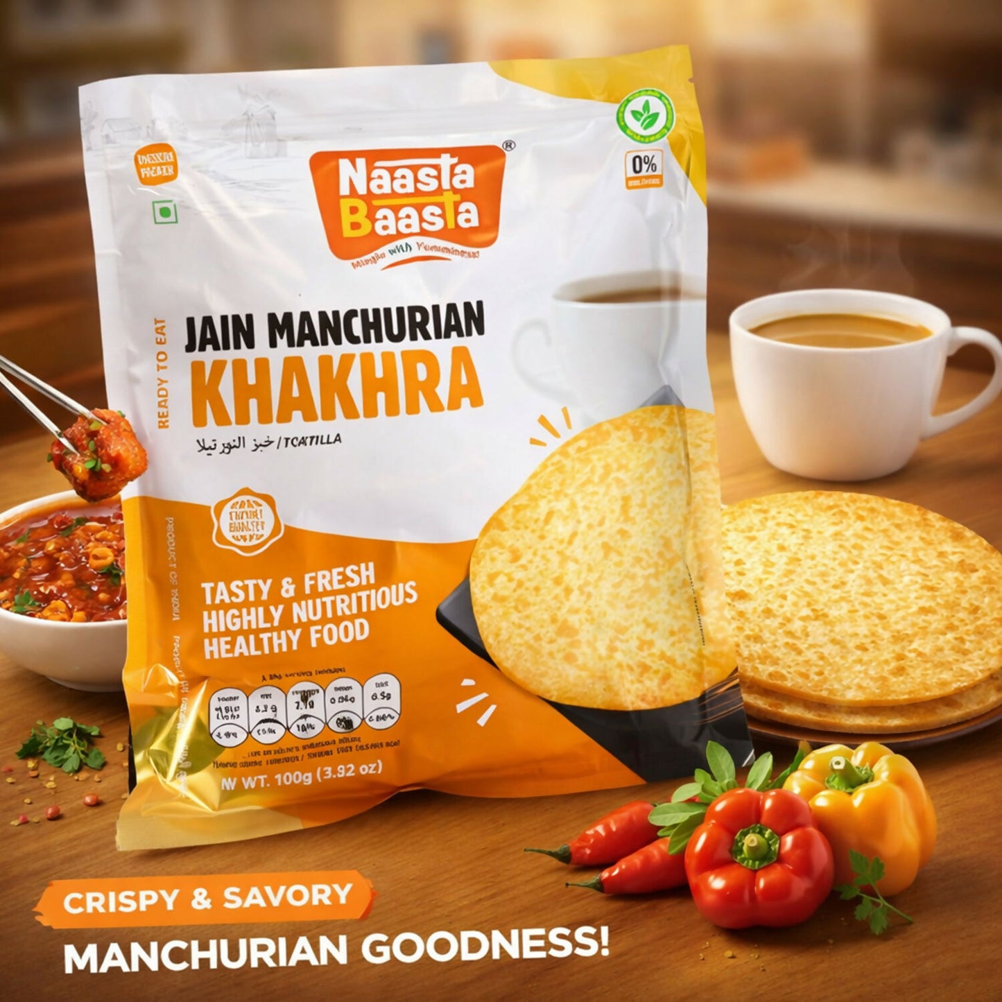 Naasta Baasta Jain Manchurian Khakhra - Crispy Ready to Eat Whole Wheat Snack (200 Gm)