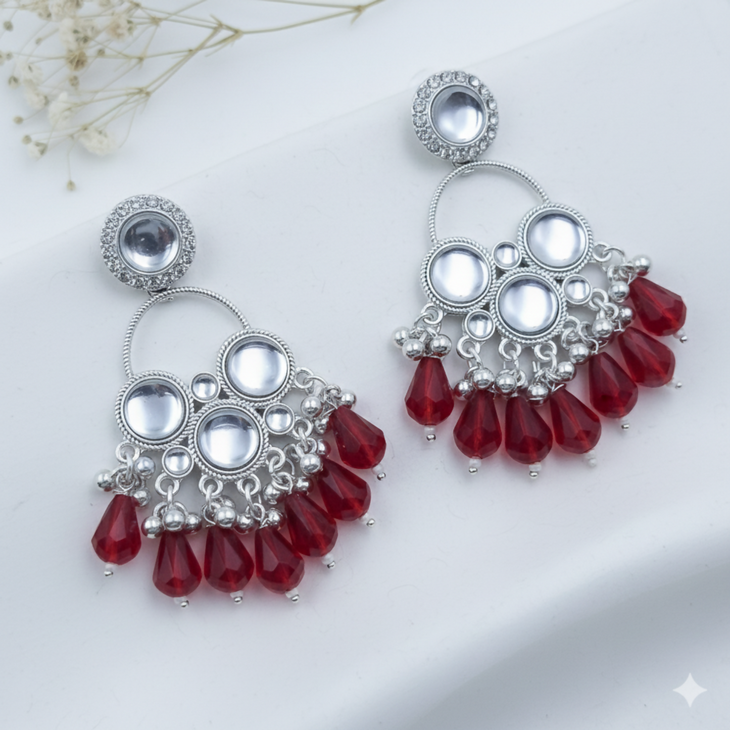 Kundan Red Pearl Silver Plated Chandbali Earrings Agate Alloy Chandbali Earring