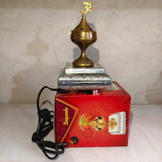 Electric Rotating Kalash with Om Symbol and Plastic Stand for Pooja Room and Home Temple Decoration
