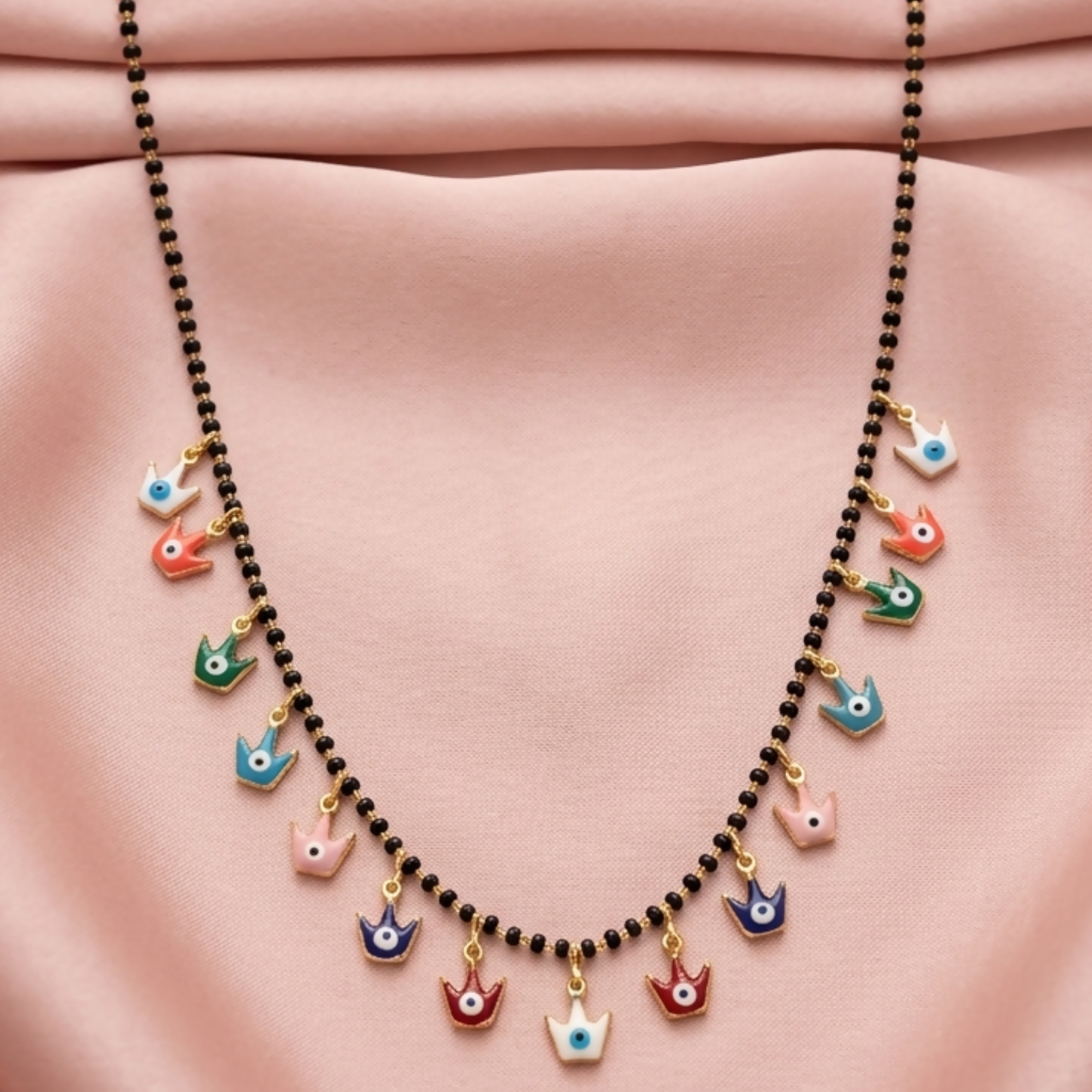 Colorful Evil Eye Charm Black Beaded Mangalsutra Necklace with Gold Finish