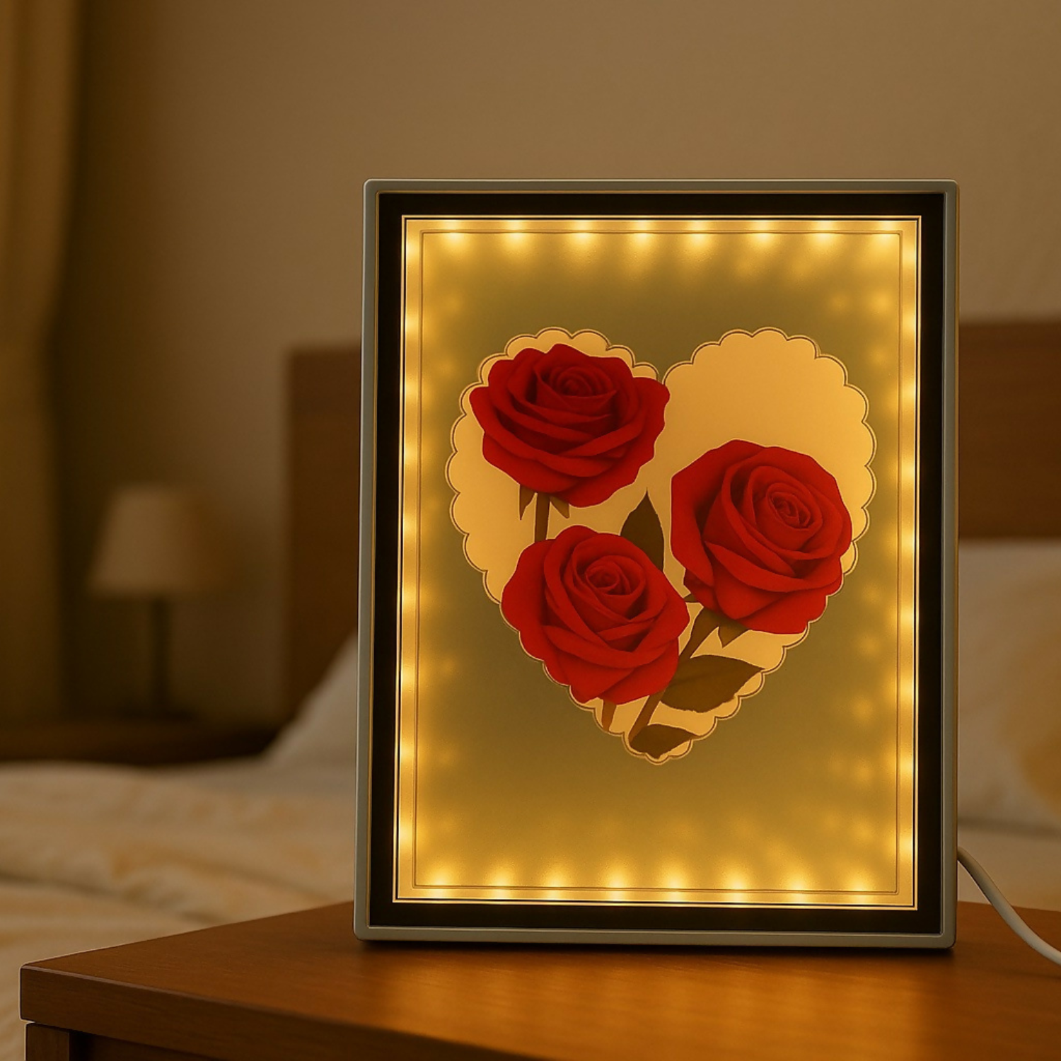 LED Rectangle Photo Frame with Heart-Shaped Rose Design | Glowing Decorative Light Frame for Bedroom, Living Room | Wedding, Anniversary, Valentine’s Day & Romantic Gifting