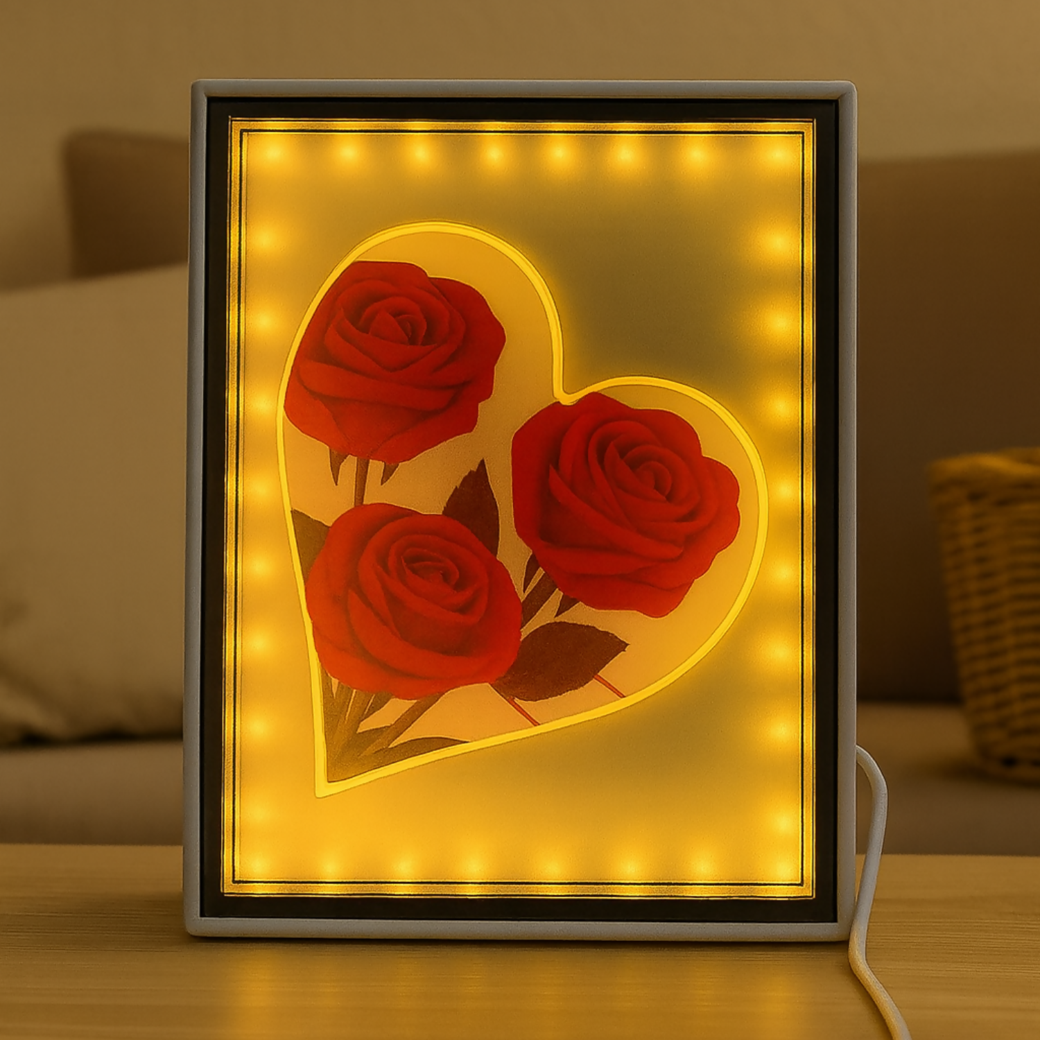 LED Rectangle Photo Frame with Heart and Red Roses Design | Romantic Decorative Light Frame for Bedroom, Living Room | Wedding, Anniversary, Valentine’s Day & Gifting