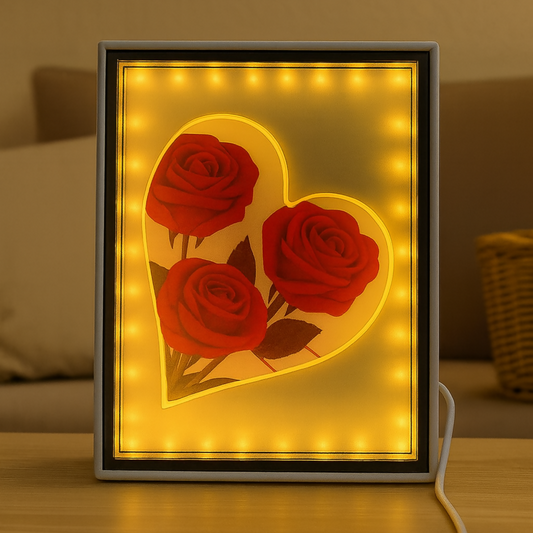 LED Rectangle Photo Frame with Heart and Red Roses Design | Romantic Decorative Light Frame for Bedroom, Living Room | Wedding, Anniversary, Valentine’s Day & Gifting
