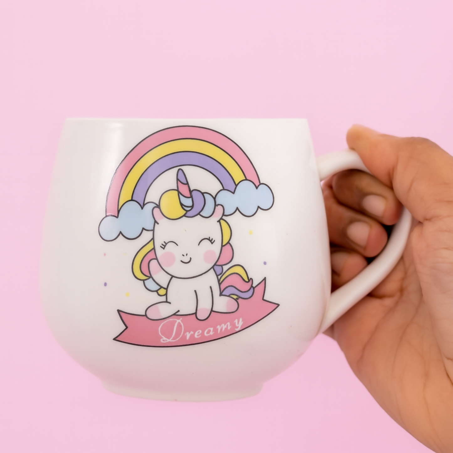 Dreamy Unicorn Coffee Mug with Rainbow & Clouds Print | Cute Ceramic Milk Mug for Kids, Girls, Birthday Gift & Office Desk | Large Capacity Tea Cup with Pastel Pink Background | Fun Cartoon Design