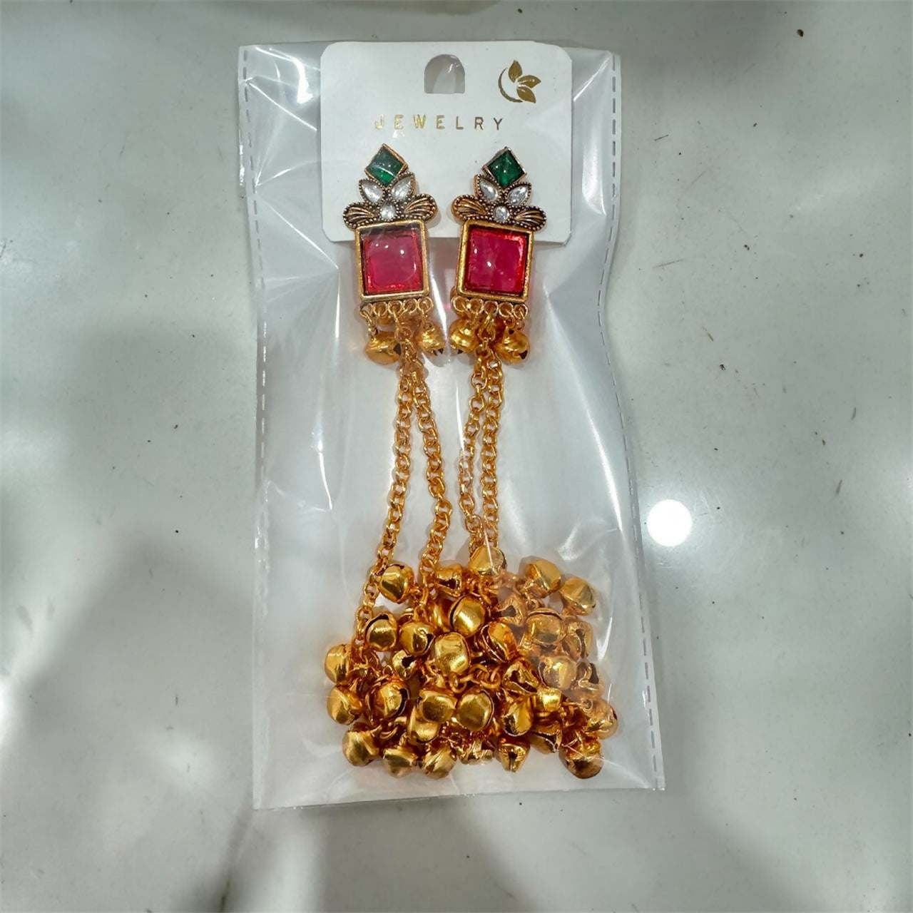 Pink Stone Kashmiri Long Chain Ghungroo Earrings.