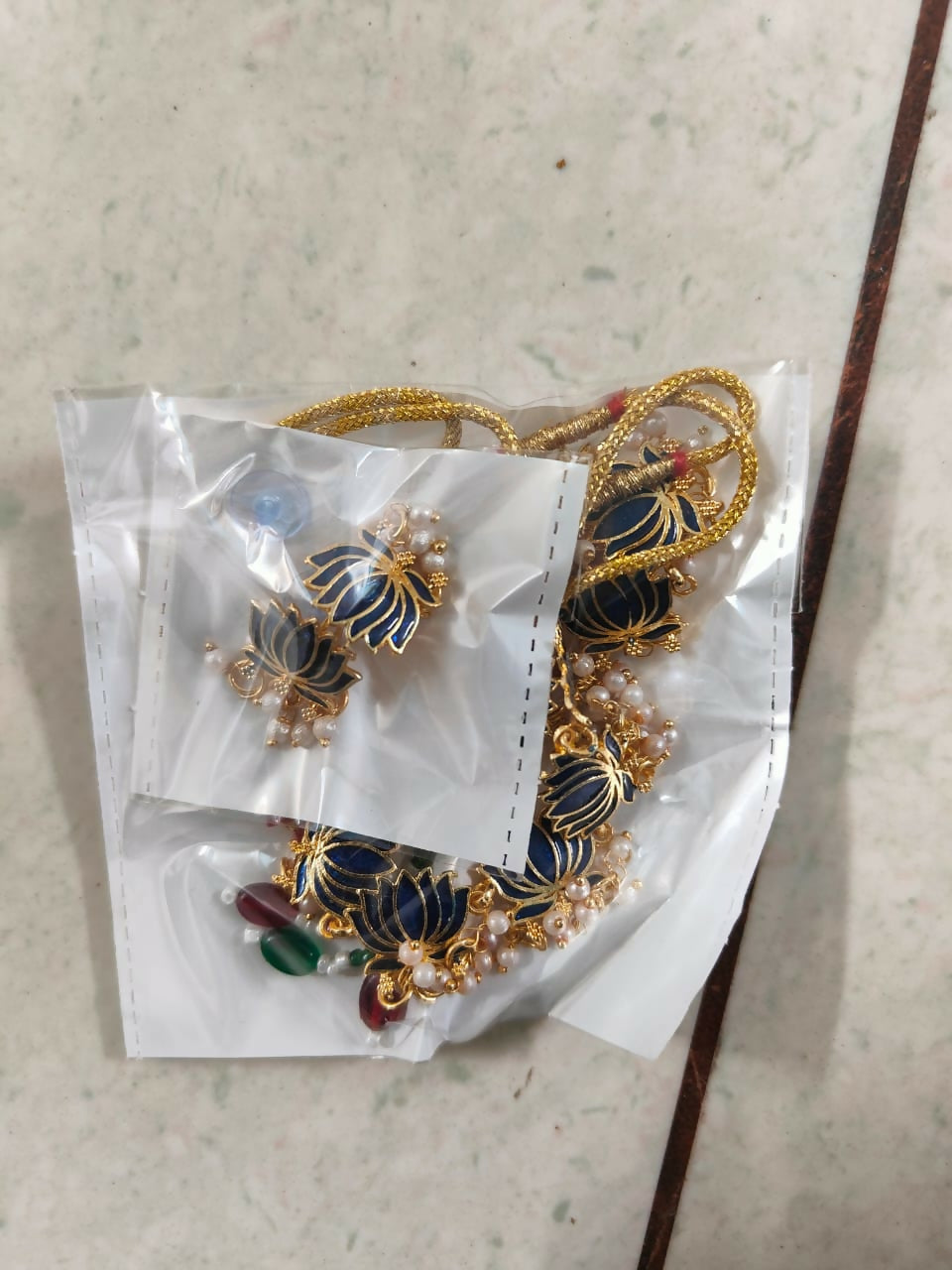 Gold Necklace with Blue Lotus & White Beads Pendant for Women Stylish Jewelry Set