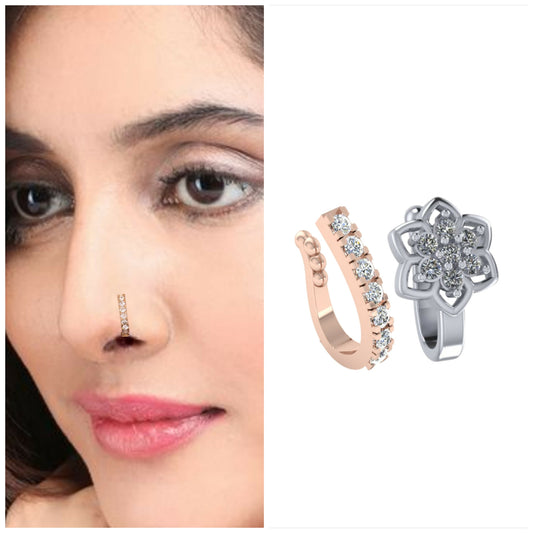 3-Stone CZ Diamond Non-Piercing Nose Clip/Cuff (Silver) Combo Pack of 2