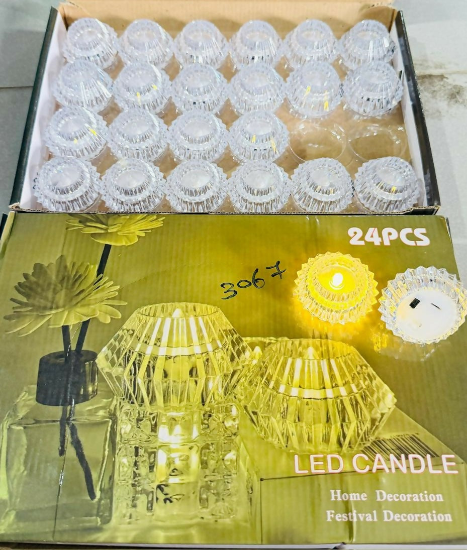 Set of 24 Crystal LED Diya Candles | Battery Operated Flameless Decorative Lights | Diamond-Cut Crystal Effect Tea Lights for Diwali, Pooja, Mandir, Wedding & Festive Décor