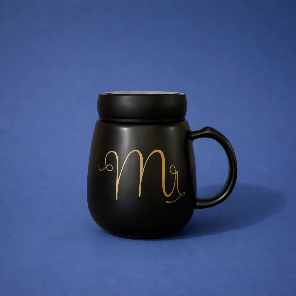 Mr Printed Ceramic Coffee Mug with Lid, Stylish Tea Cup