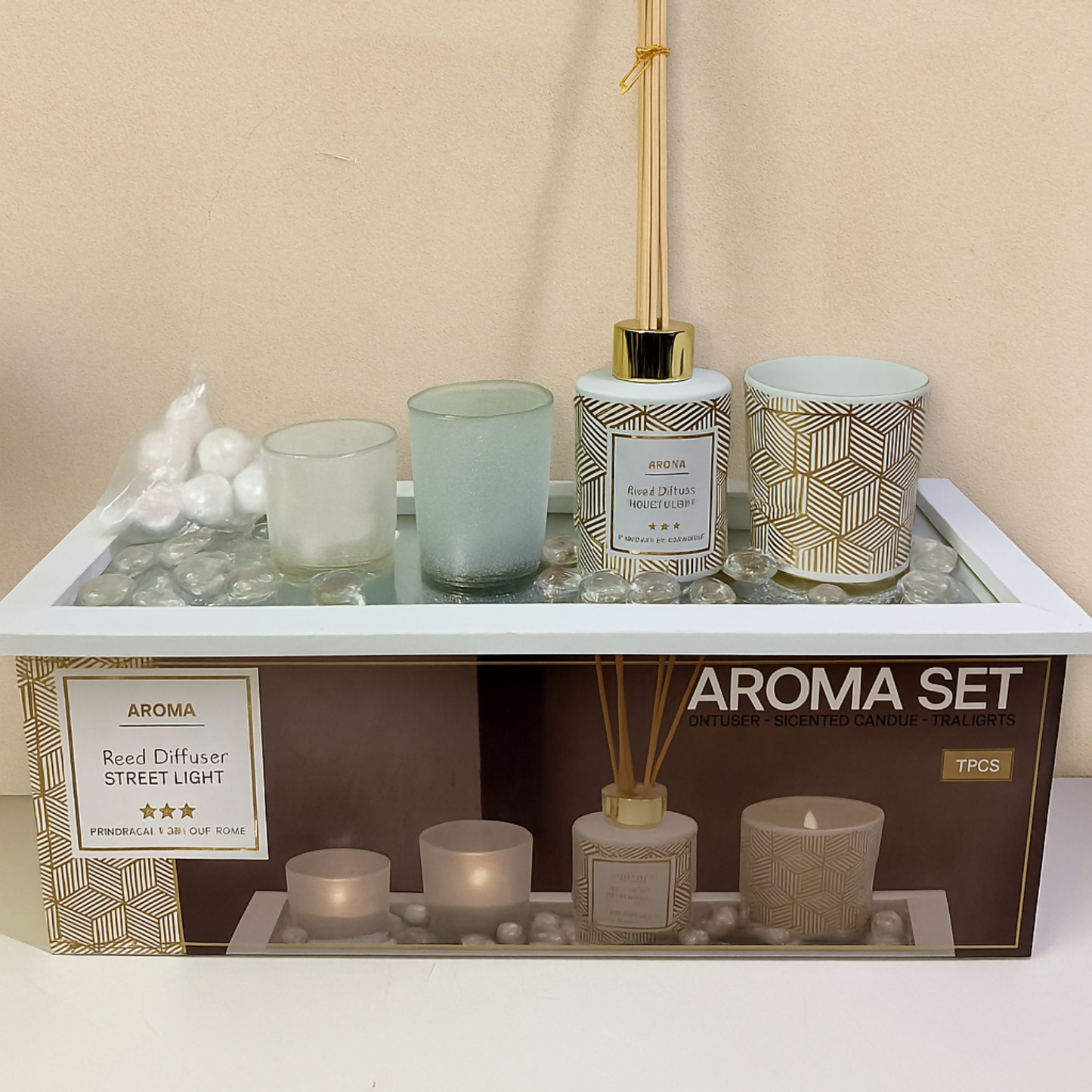 Aroma Premium 7-Piece Reed Diffuser & Scented Candle Gift Set | Home Fragrance Decor with Glass Tealight Holders | Relaxing Aromatherapy Set for Living Room, Bedroom & Office | Elegant Gifting Box for All Occasions