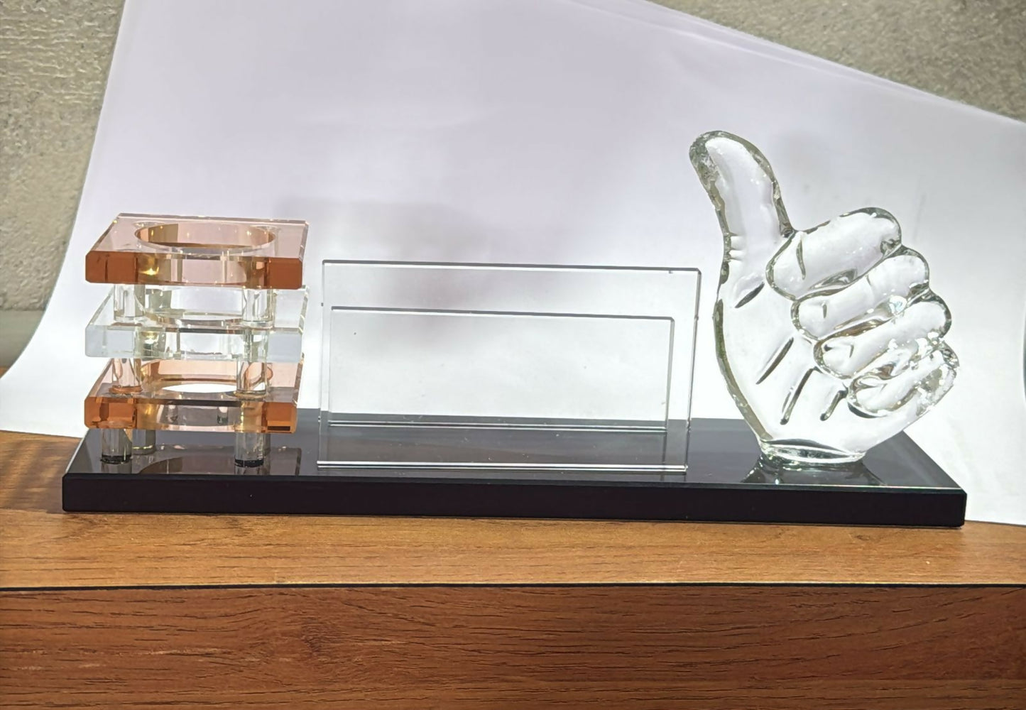 Premium Glass Desk Organizer with Thumbs-Up Sculpture, Transparent Business Card Holder & Stacked Amber Crystal Pen Stand for Office, Study Table & Corporate Gifting