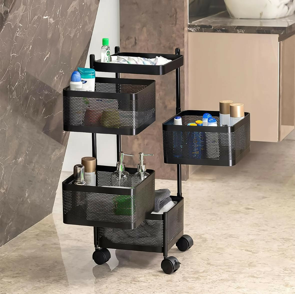 Square 4-Layer Stainless Steel Kitchen Cart with Ventilated Baskets & 360° Wheels