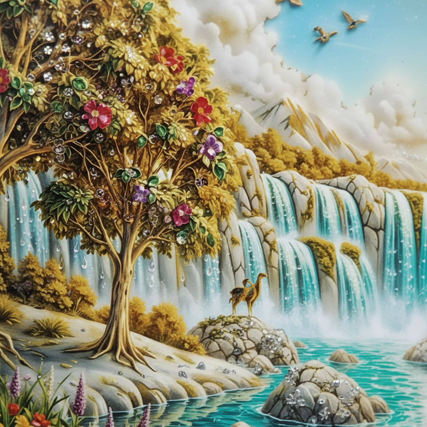 Premium 3D Waterfall Wall Décor with Golden Frame