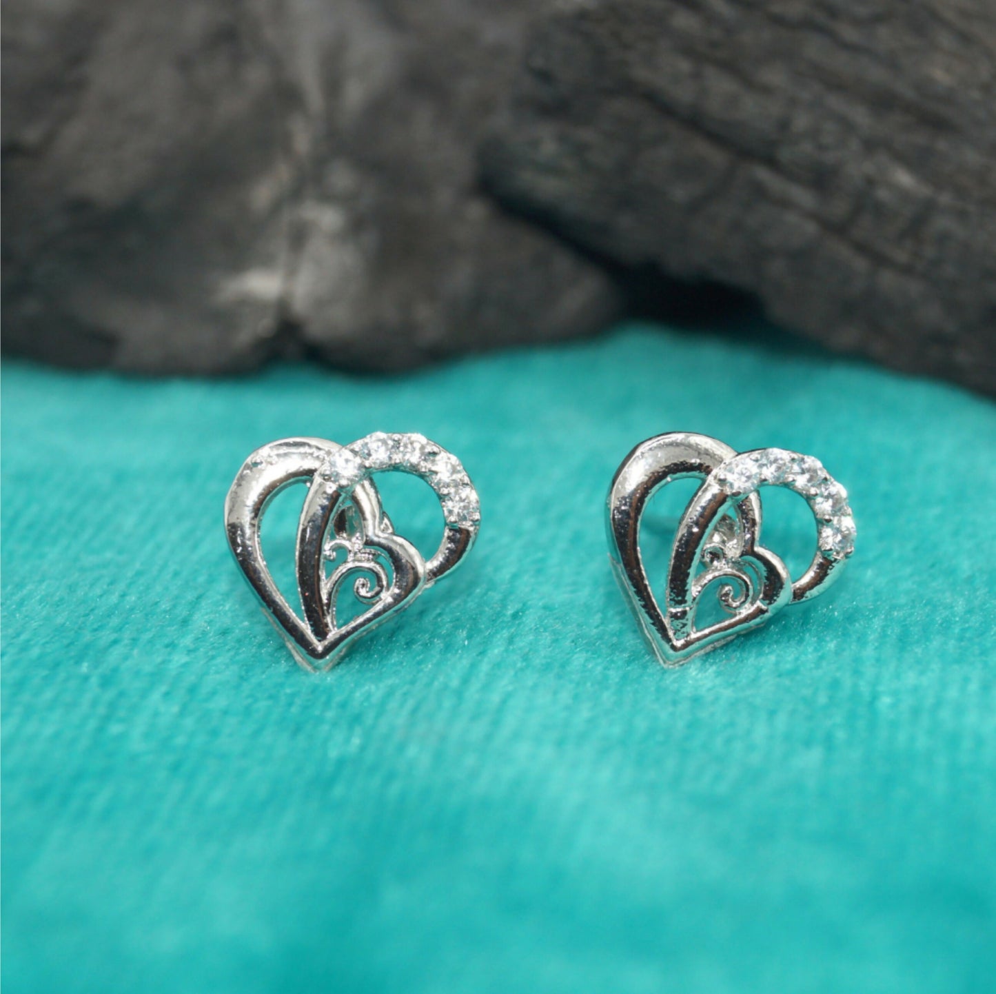 Silver-Plated Heart Stud Earrings with AD for women and girls