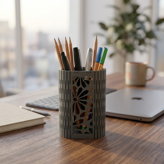 Top-down view of the Floral Mesh Pen Holder filled with various stationery items.