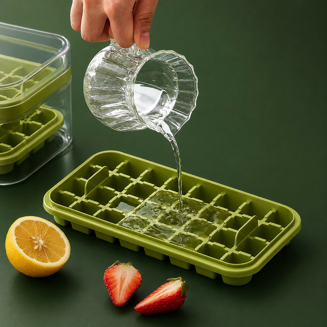 Close-up of ice cubes in green tray