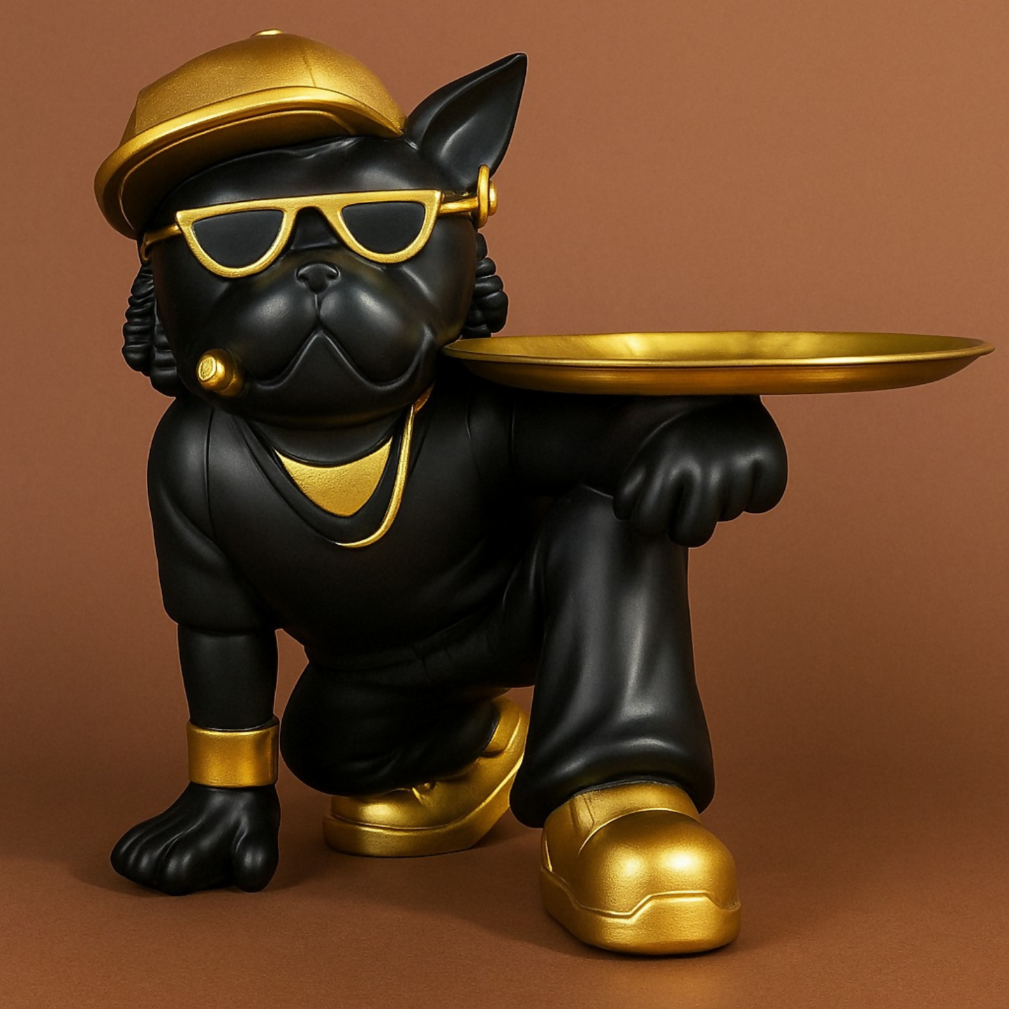 Luxury Black & Gold Bulldog Butler Figurine with Tray – Stylish Resin Dog Showpiece Wearing Cap & Sunglasses – Funky Modern Art Decorative Tray Stand for Keys, Coins & Snacks – Premium Home & Office Décor Gift