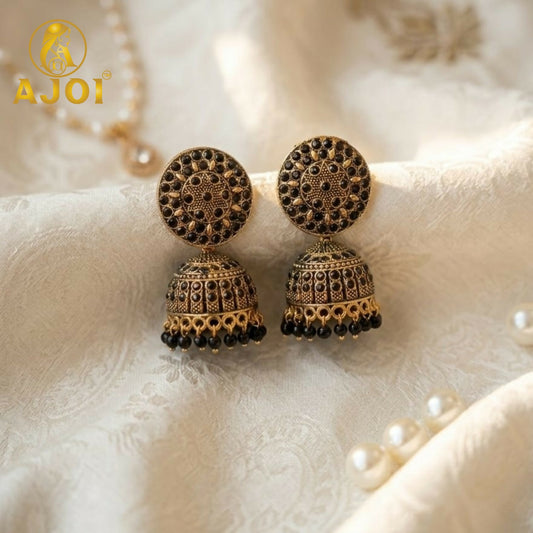 Antique Gold Black Stone Jhumka Earrings Traditional Ethnic Design