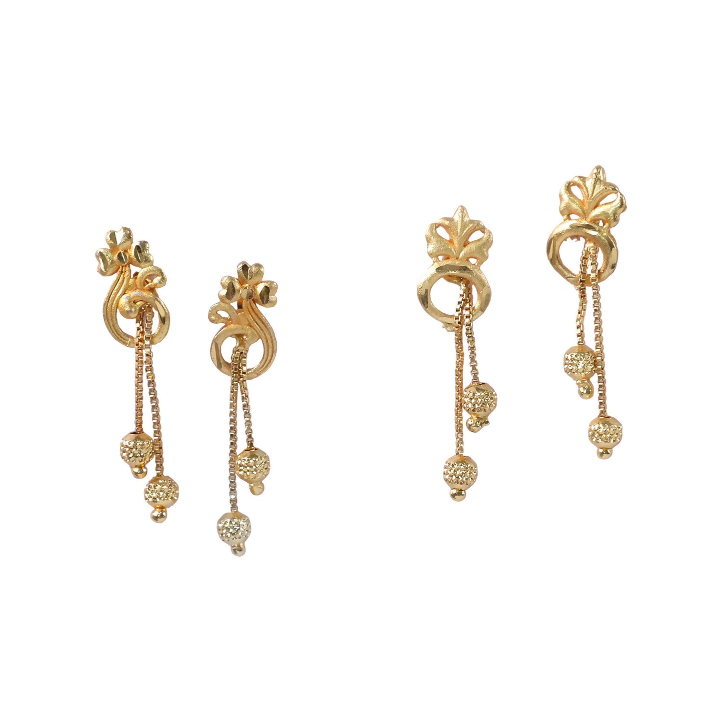 Elegant Gold-Toned Floral Drop Earrings Set with Chain Danglers & Beads (2 Pair)