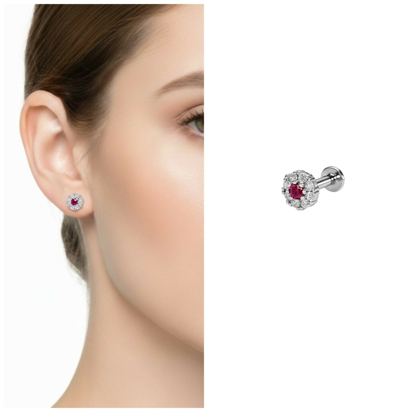 Silver plated ruby diamond flower flat back earring showcasing vibrant ruby center and diamond halo