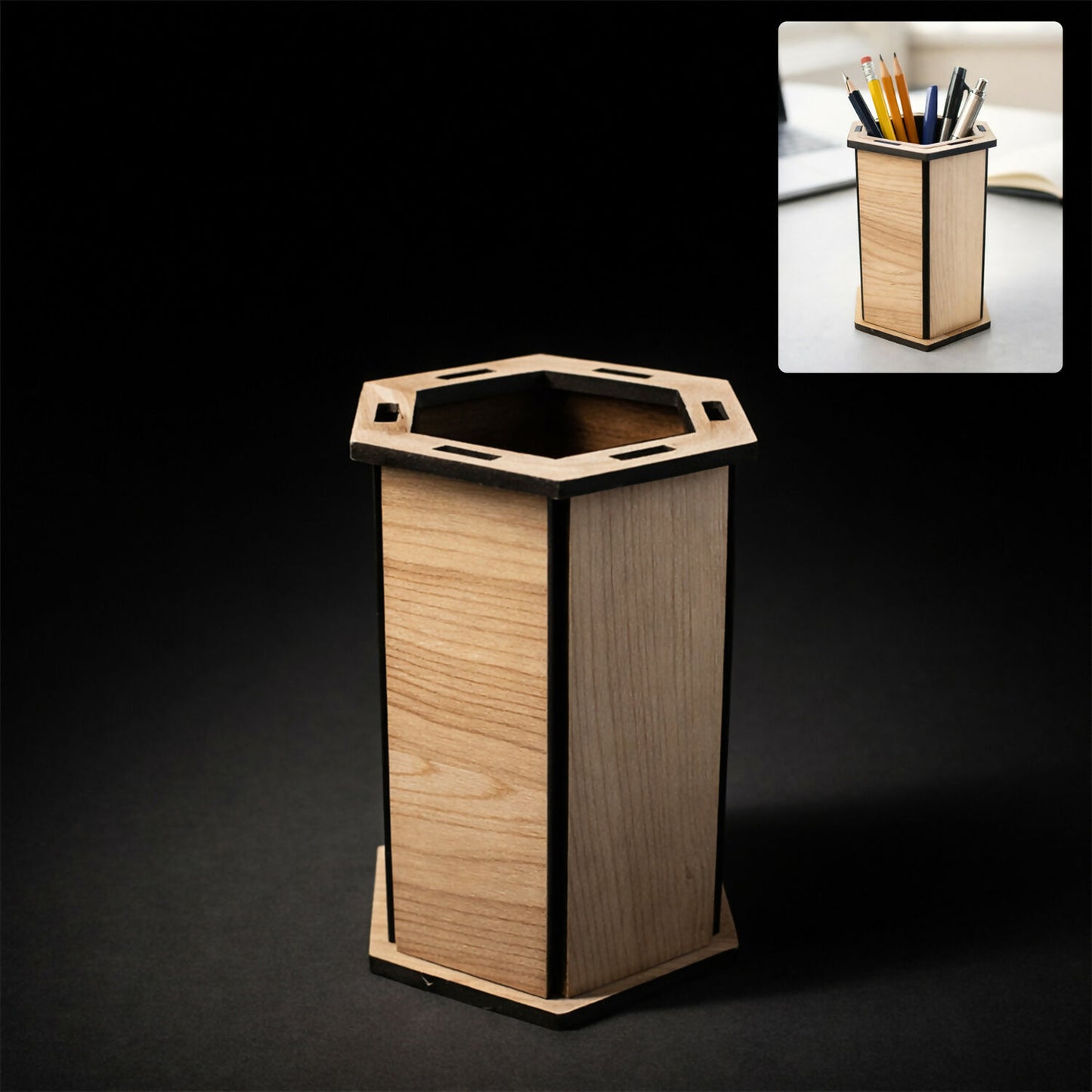 Wooden Hexagon Pen Stand for Desk | Office & Study Table Stationery Organizer