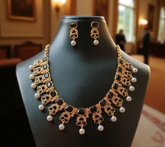 Delicate Rose Gold-Plated Baby Black Stone and Crystal Leaf Necklace Set