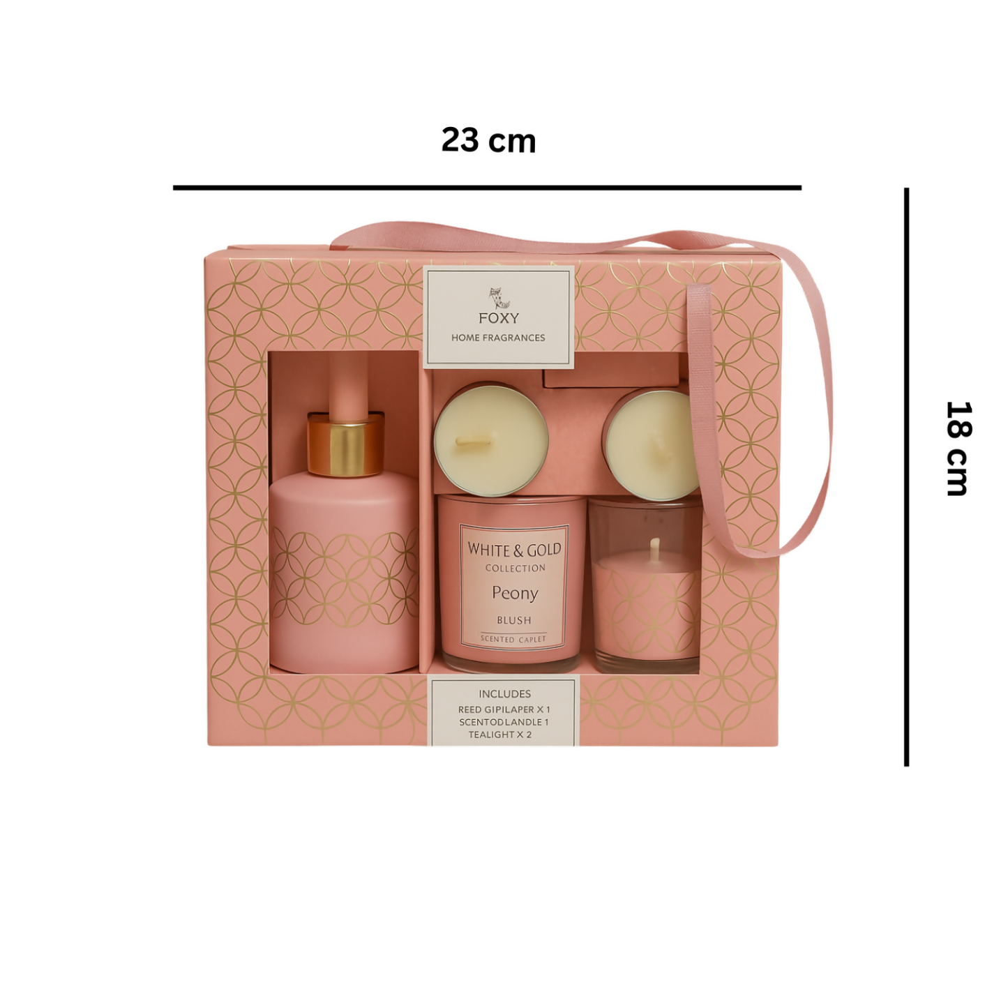 Luxury Peony Fragrance Gift Set – Foxy Home Fragrances White & Gold Collection | Scented Candle & Reed Diffuser Combo with Tealight Candles | Elegant Home Décor Gift Set for Women