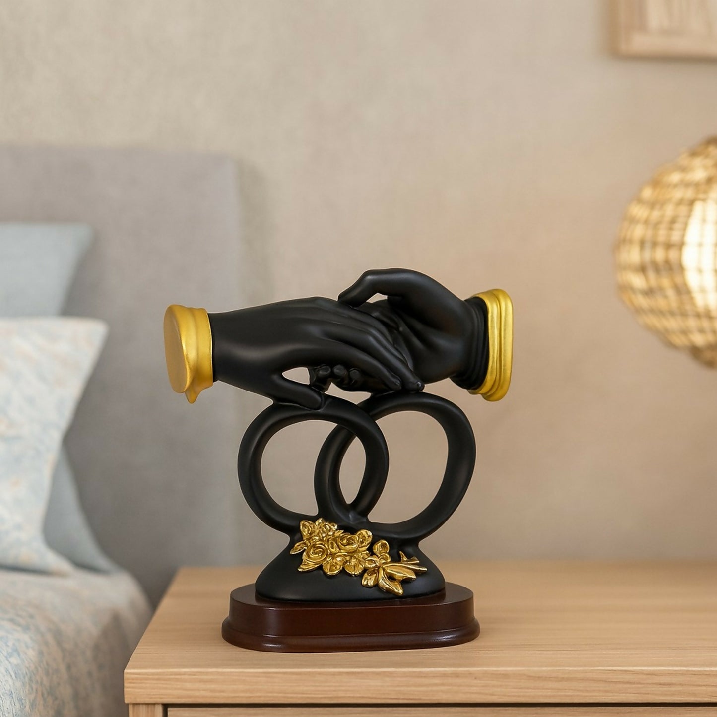 Luxury Black & Gold Handshake Figurine with Interlocked Rings & Floral Base | Romantic Couple Holding Hands Showpiece for Home Décor, Wedding Gift, Anniversary Gift, Office Desk & Living Room Decoration