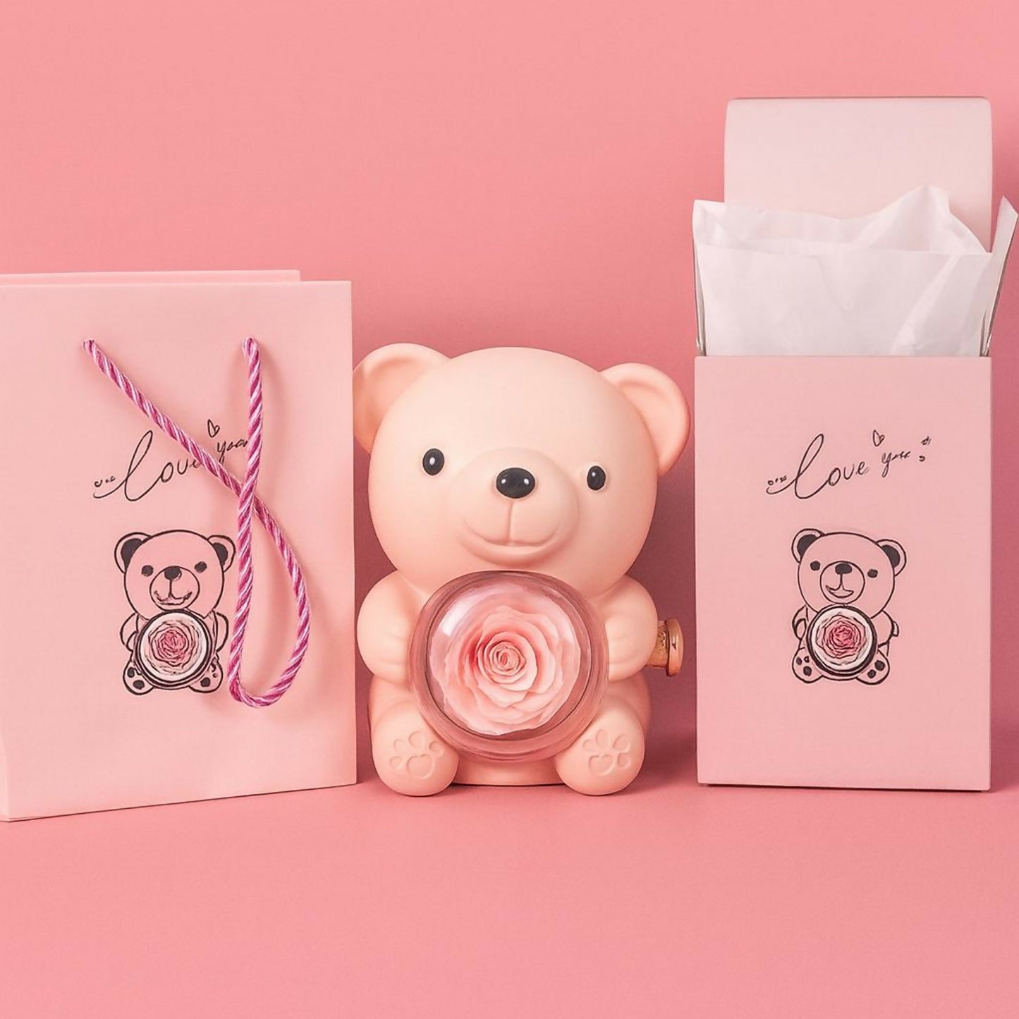 Pink Teddy Bear With Eternal Rose Gift Box | Romantic Love Gift for Her & Couples